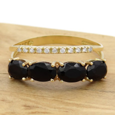 Meia Aliança Ônix e 11 Diamantes, em Ouro Amarelo 18 Kilates