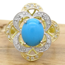 Anel com Turquesa e 24 Diamantes, em Ouro Amarelo 18 Kilates