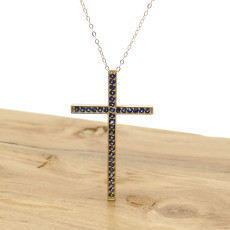 Pingente Cruz com 35 Safiras, em Ouro Amarelo 18 Kilates