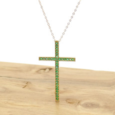 Pingente Cruz com 35 Esmeraldas, em Ouro Amarelo 18 Kilates