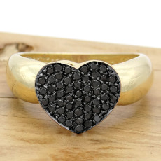 Anel Chuveiro Coração com 51 Diamantes Negros, em Ouro Amarelo 18 Kilates