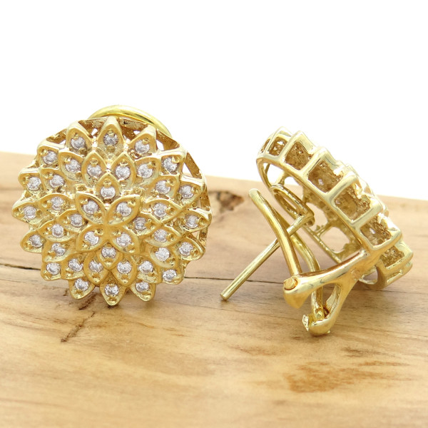 Par de Brincos Flor com 80 Diamantes, em Ouro Amarelo 18 Kilates
