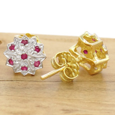 Par de Brincos Chuveiro com 14 Rubis, Folheado a Ouro 18 Kilates, em Prata 925