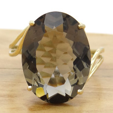 Anel Aro Duplo com Quartzo Fumê Oval, em Ouro Amarelo 18 Kilates