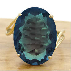 Anel Aro Duplo com London Blue Oval, em Ouro Amarelo 18 Kilates