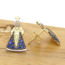 Par de Brincos Nossa Senhora com 20 Safiras, em Ouro Amarelo 18 Kilates