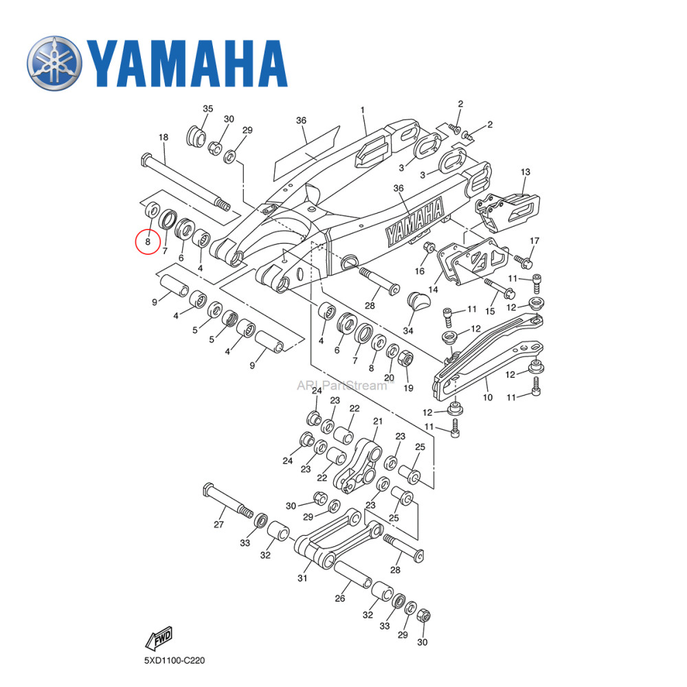 Arruela Lisa da Balança Original Yamaha para YZ125/250 02/04 YZF250 02/04 WRF250 02/04 YZF450 03/04 WRF450 03/04