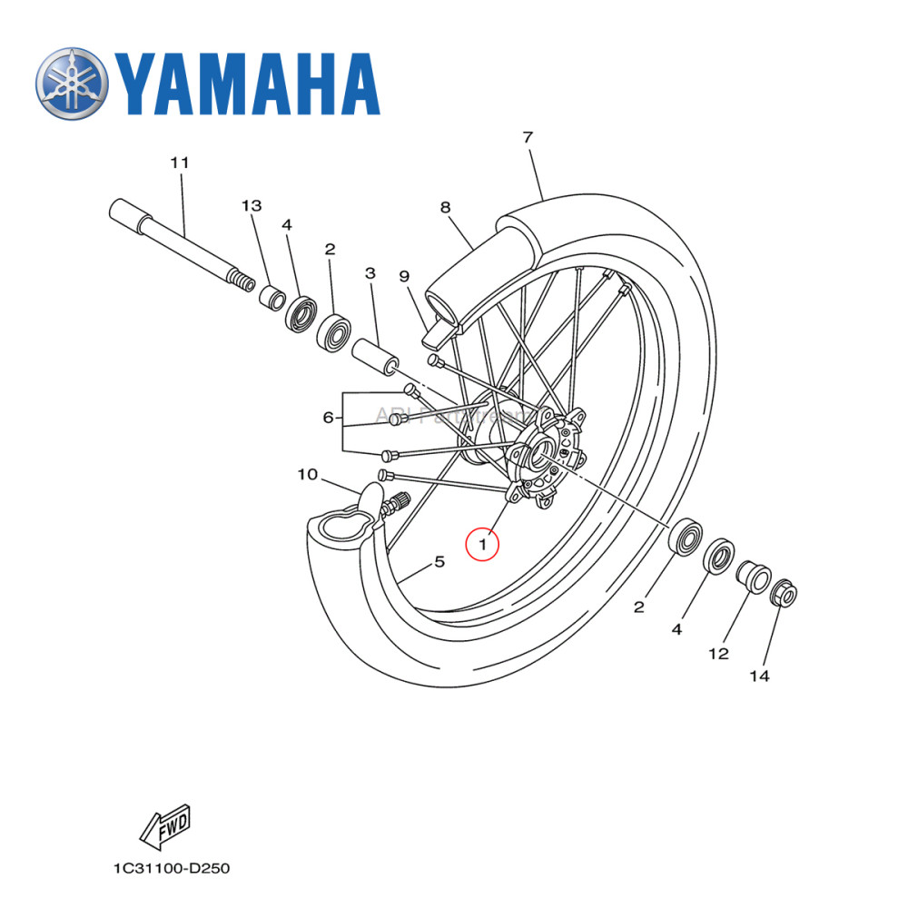 Cubo de Roda Dianteira Original Yamaha para YZ125 02/19 YZ250 02/19 YZF250 02/13 YZF450 03/13