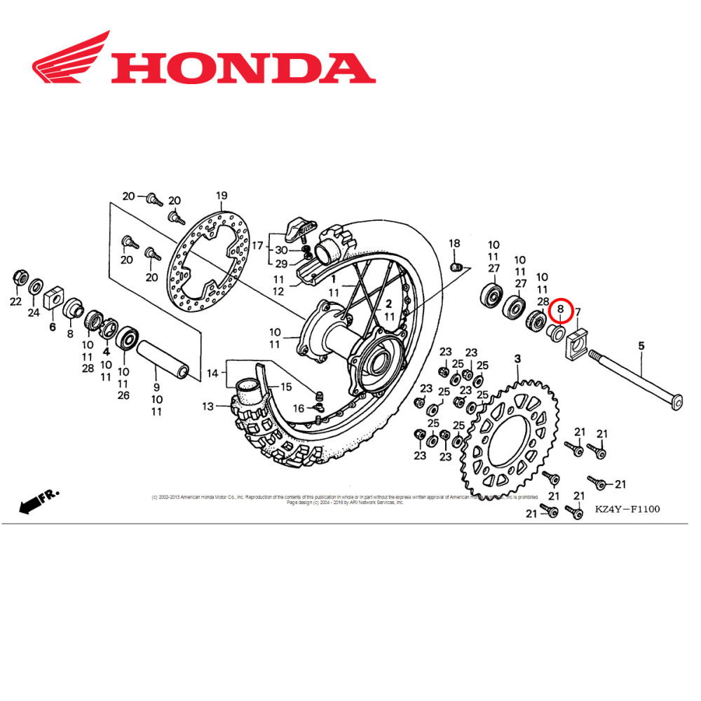 Espaçador da Roda Traseira Original Honda CR 125/250 02/07 CRF 250 04/08 CRF 250X 04/15 CRF 450 02/08 CRF 450X 05/15