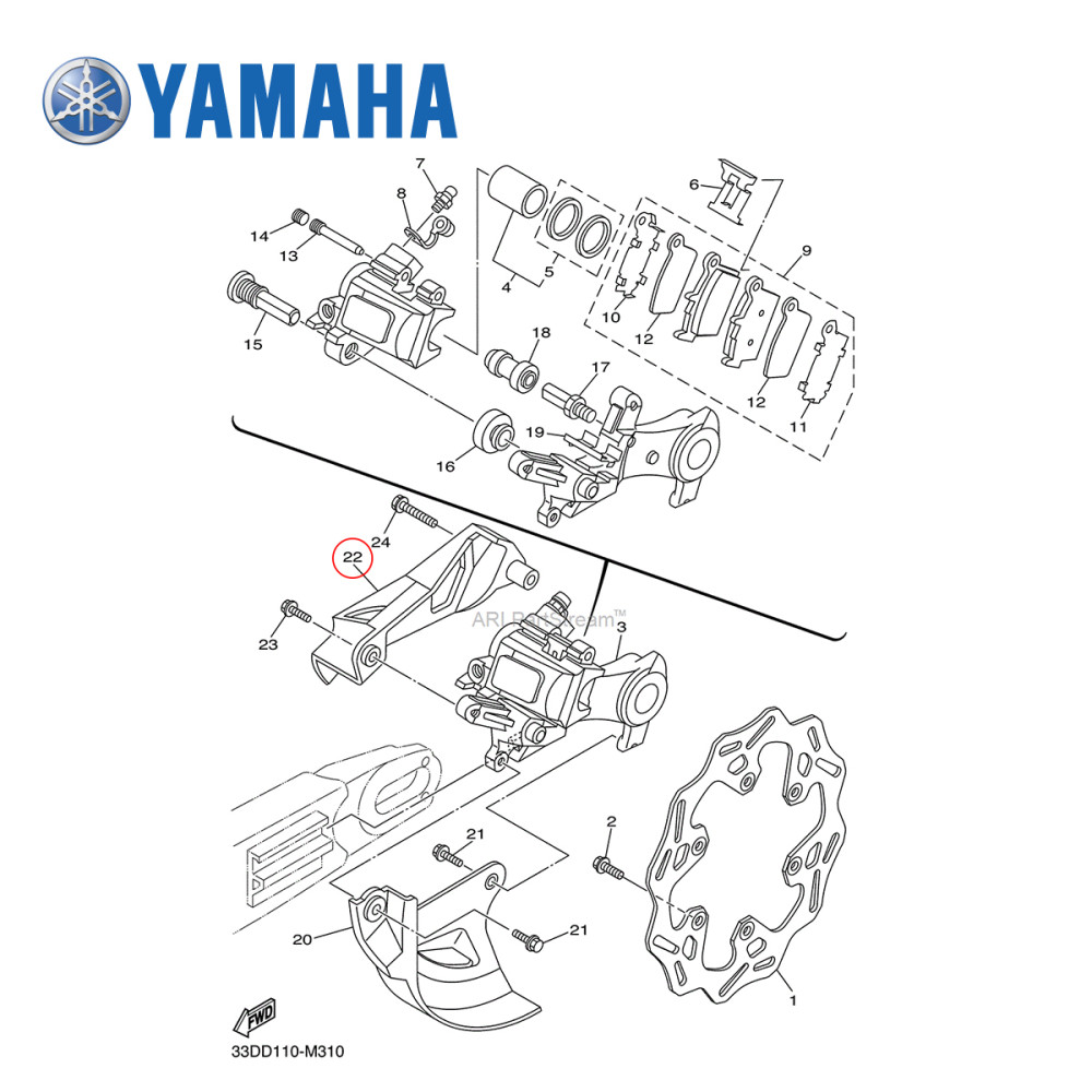 Protetor de Pinça do Freio Traseiro Original Yamaha para YZ125/250 15/19 YZ250X 16/19 YZF250 10/19 YZ250FX 15/19 WRF250 15/19 YZF450 10/19 YZ450FX 16/19 WRF450 12/18