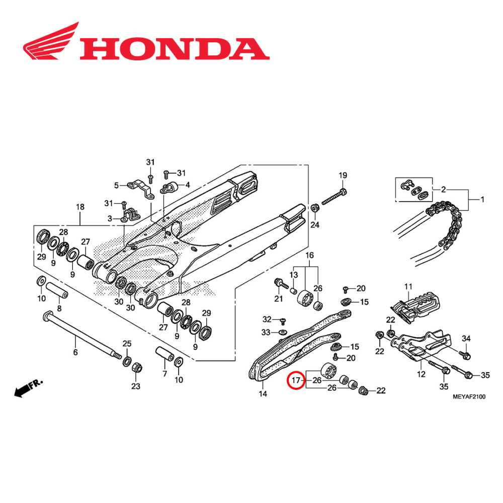 Rolete Inferior da Corrente Original Honda para CRF250 10/11 + 14/15 CRF450 05/11 + 13/15 CRFX450 05/17 
