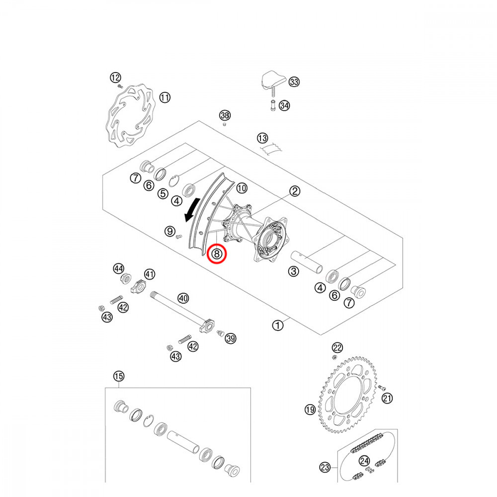 Raio Original KTM para XC-F/XC-W/XCF-W250 13/16 EXC-F350 12/16 XCF-W350 13/16 M4, 5X193-18 - Traseiro