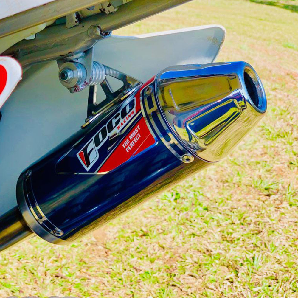 Ponteira + Curva Modelo Strong para Honda CRF 230 - Foco Racing (Ponta Cromada / Cor Azul)