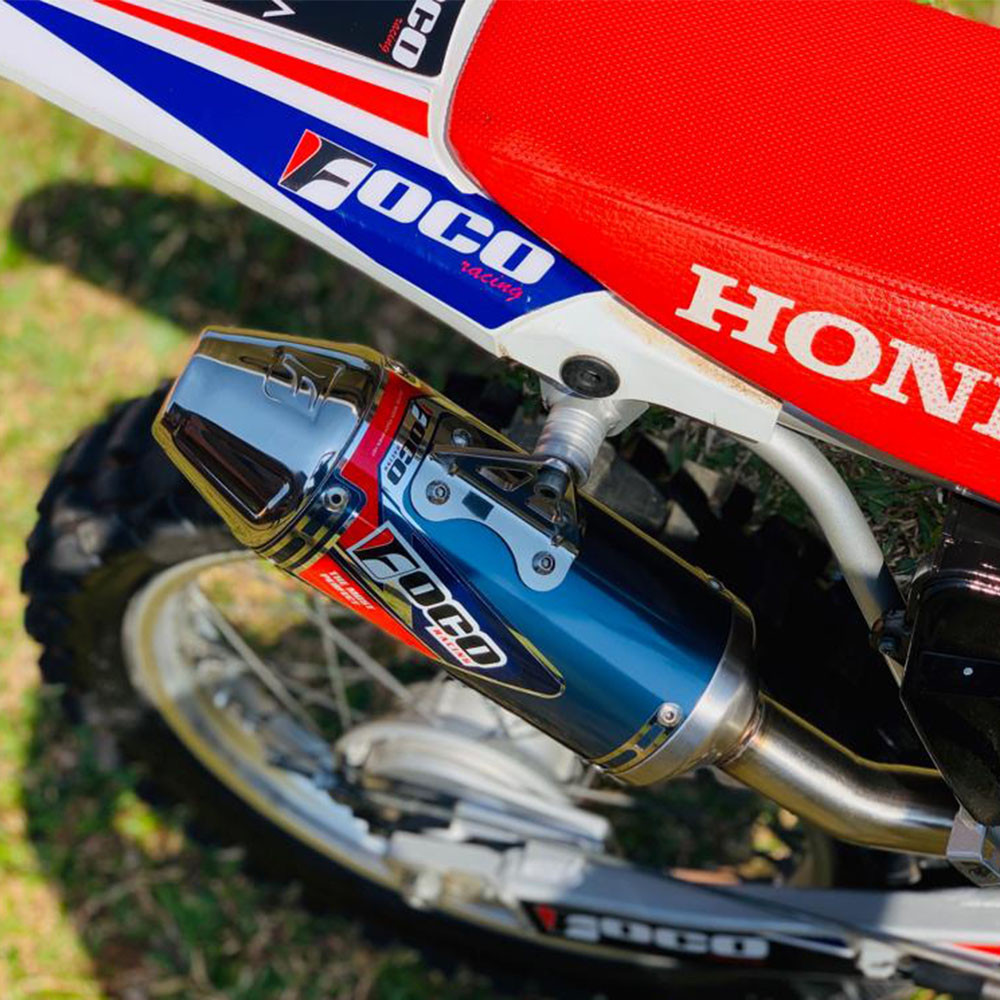 Ponteira + Curva Modelo Strong para Honda CRF 230 - Foco Racing (Ponta Cromada / Cor Azul)