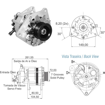 ALTERNADOR COMPATÍVEL BOSCH 12V 85A SPRINTER/S10/RANGER C/BOMBA ZM9010118