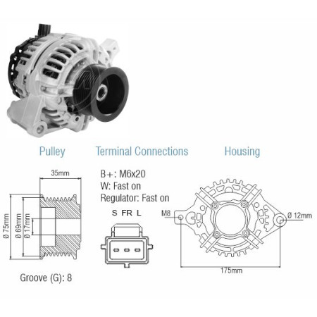 ALTERNADOR COMPATÍVEL BOSCH ELETR 12V 90A F250/F350/F4000 (REG.3T) ZM9010806