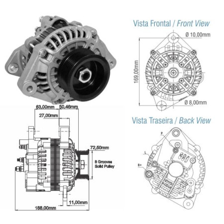 ALTERNADOR COMPATÍVEL MITSUBISHI 24V 80A VOLVO VM MWM ZM9030001
