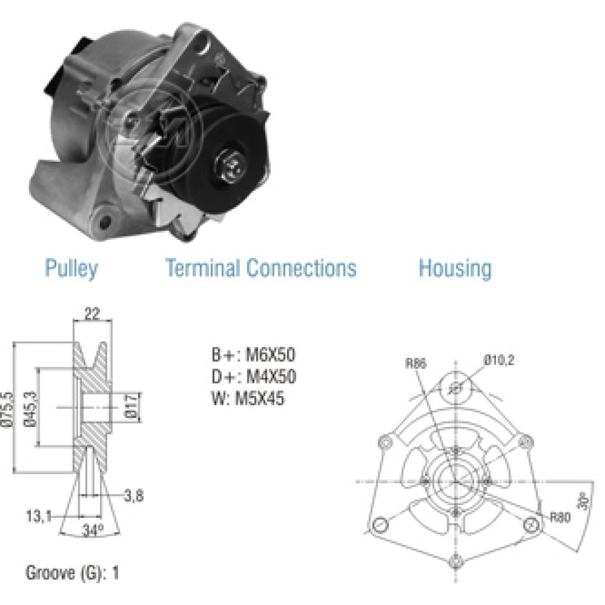 ALTERNADOR COMPATÍVEL BOSCH 12V 35A AGRALE/CASE/FIAT ALLIS - POLIA 1PK-75 ZM9010107