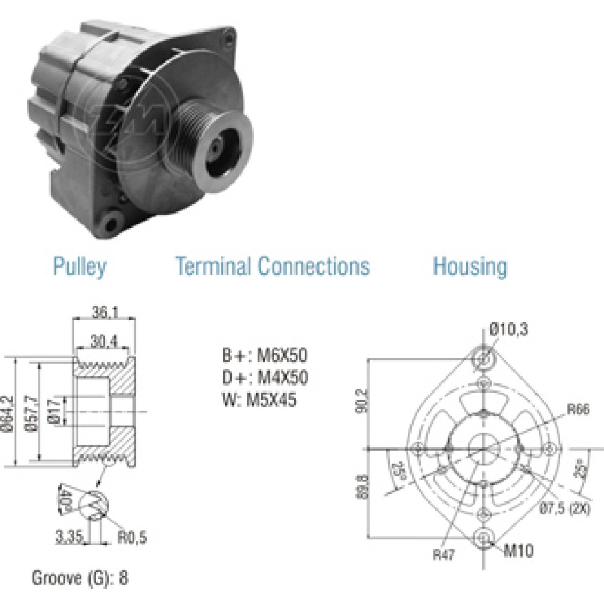 ALTERNADOR COMPATÍVEL BOSCH 12V 65A CARGO/CAM.VW - POLIA 8PK ZM9010104