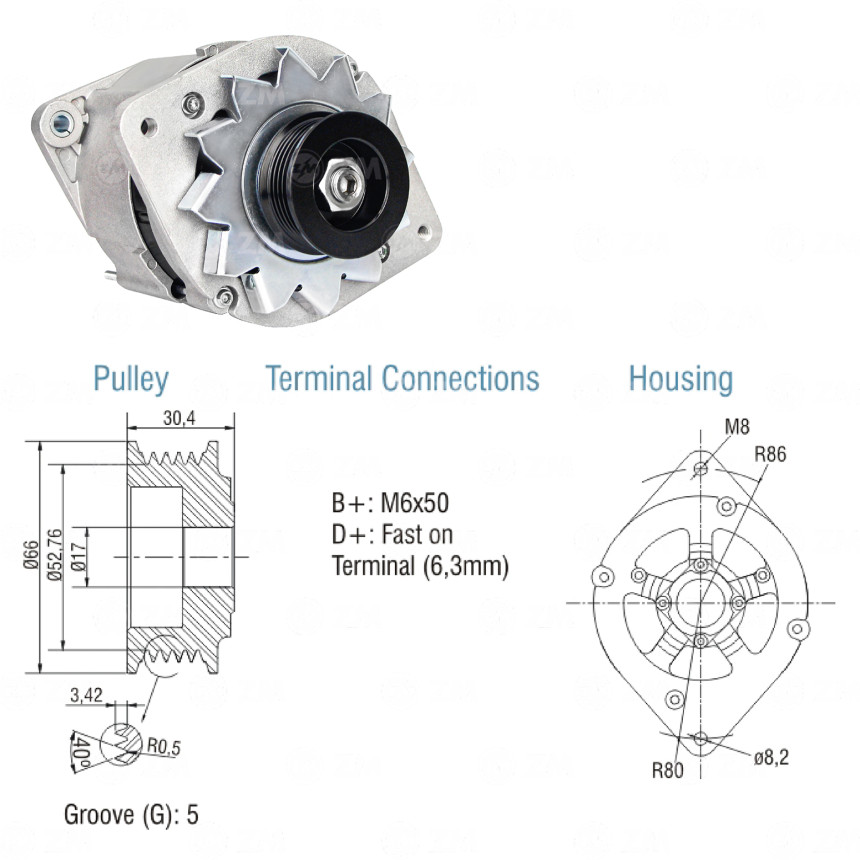 ALTERNADOR COMPATÍVEL BOSCH 12V 75A MONZA/KADETT/IPANEMA/BLAZER/S10 2.2 - POLIA 5PK ZM9010101