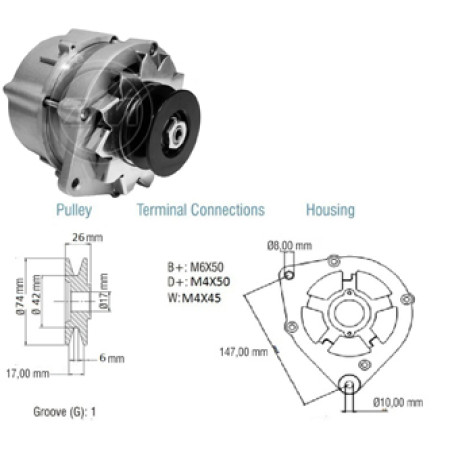 ALTERNADOR COMPATÍVEL BOSCH 12V 75A TRATORES GREEN HORSE - POLIA SIMPLES ZM9010126