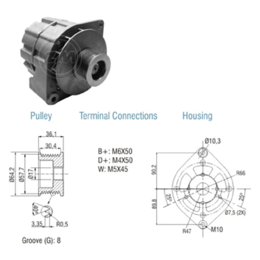 ALTERNADOR COMPATÍVEL BOSCH 12V 90A CARGO/CAM.VW - MODIFICADO (POLIA 8PK) ZM9010109
