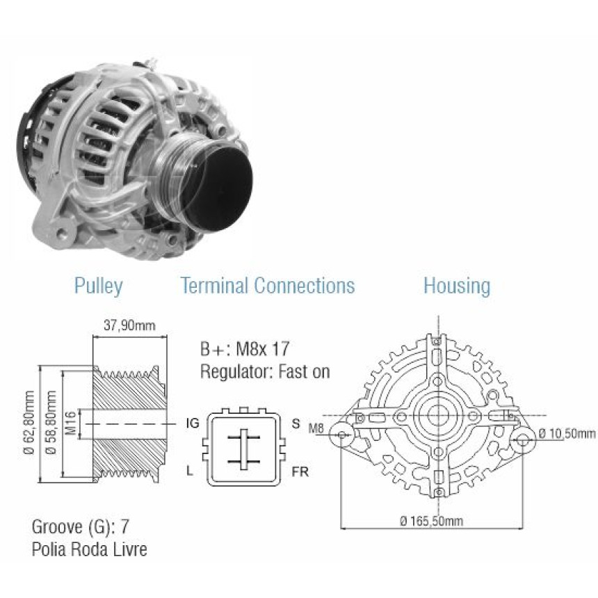 ALTERNADOR COMPATÍVEL BOSCH ELETR 12V 90A DUCATO/BOXER/IVECO DAILY - L.E ZM9010812