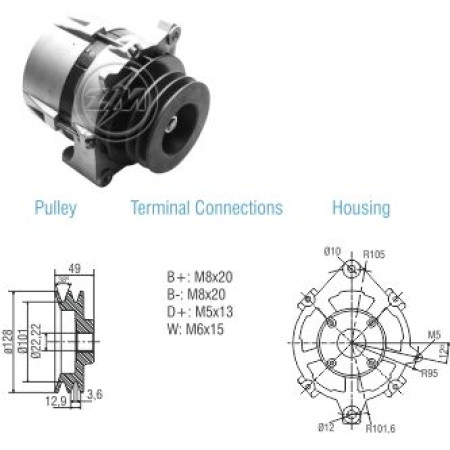 ALTERNADOR COMPATÍVEL BOSCH 24V 75A ONIBUS MB 1620/1721/1420/OH1315 MOTOR 366 (POLIA 2PK MAIOR) ZM9010301