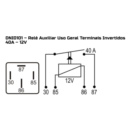 RELE AUXILIAR COMPATÍVEL 12V 40A 4T INVERTIDO S/SUPORTE DNI0101