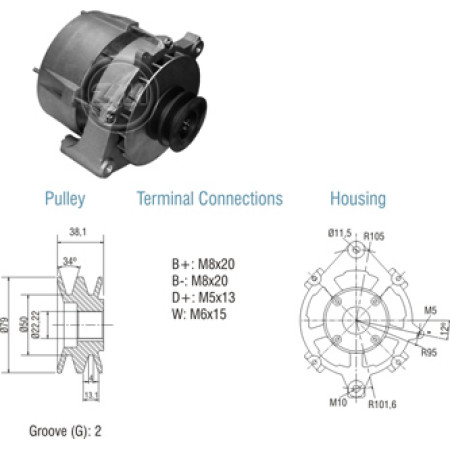 ALTERNADOR COMPATÍVEL BOSCH 24V 75A ONIBUS VOLVO B10M (POLIA 2PK MENOR) ZM9010103