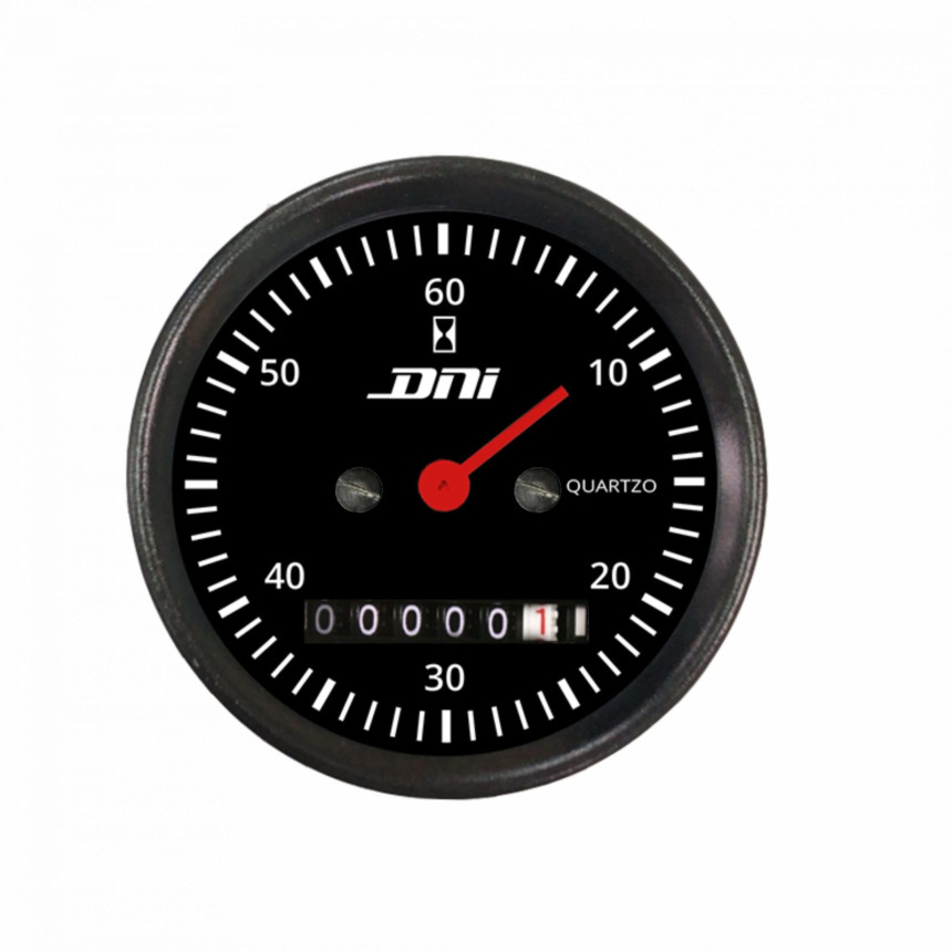 HORIMETRO 52MM COMPATÍVEL 12/24V C/PONTEIRO C/ILUMINACAO VERM - ARO PRETO DNI4501