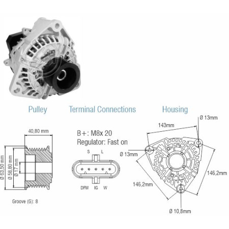 ALTERNADOR COMPATÍVEL BOSCH ELETR 24V 80A MB/IVECO/CAM.VW CONSTELLATION (POLIA 8PK-65) ZM9010606