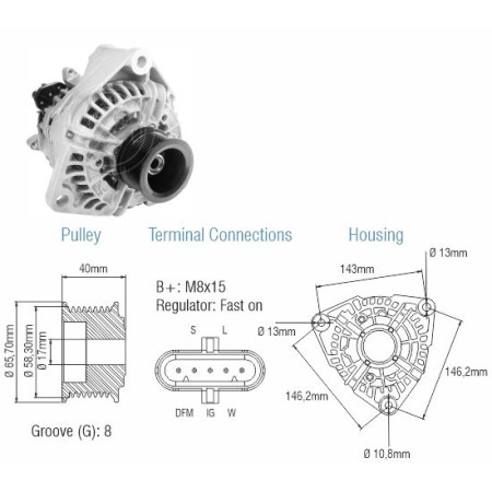 ALTERNADOR COMPATÍVEL BOSCH ELETR 24V 80A MB/IVECO/CAM.VW CONSTELLATION (POLIA 8PK-65) ZM9010609