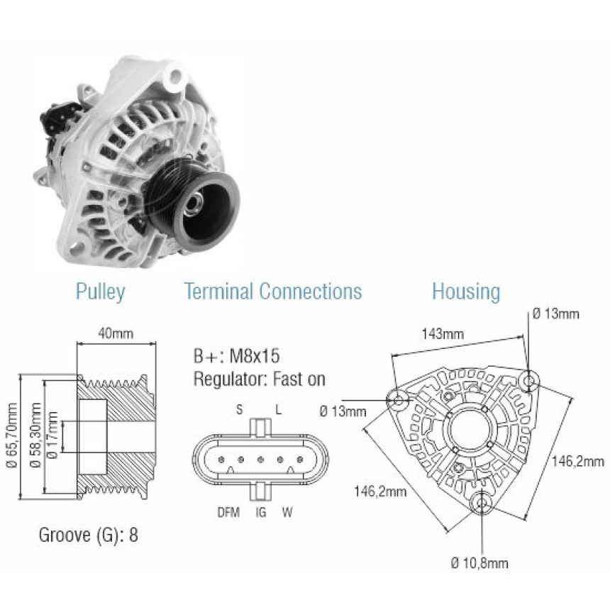 ALTERNADOR COMPATÍVEL BOSCH ELETR 24V 80A MB/IVECO/CAM.VW CONSTELLATION (POLIA 8PK-65) ZM9010609