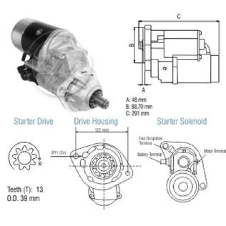 MOTOR PARTIDA COMPATÍVEL DENSO 12V 13D CASE/CUMMINS - 2 FUROS C:89 F:116 ZM8014004