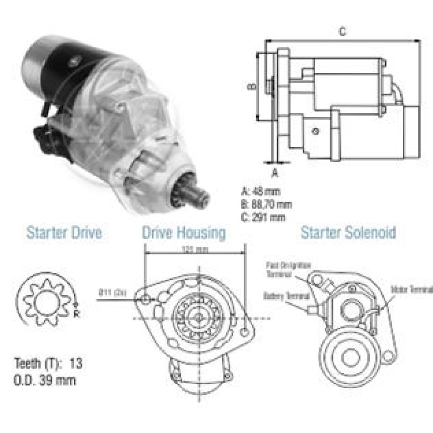 MOTOR PARTIDA COMPATÍVEL DENSO 12V 13D CASE/CUMMINS - 2 FUROS C:89 F:116 ZM8014004