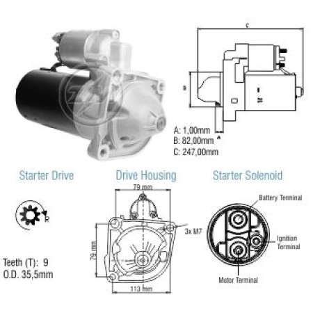 MOTOR PARTIDA COMPATÍVEL BOSCH 12V 9D DUCATO MULTIJET/BOXER/JUMPER 2.3 09> ZM8038101