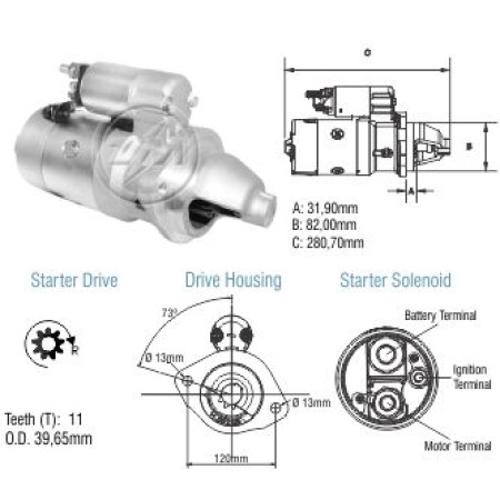 MOTOR PARTIDA COMPATÍVEL PRESTOLITE M93R 12V 11D JINMA/BUDNY/COYOTE COOPLANTIO TRATOR CHINES C:82 F:107 ZM8048040