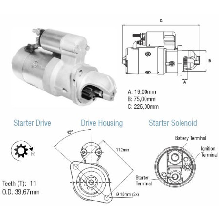 MOTOR PARTIDA COMPATÍVEL PRESTOLITE M93R 12V 11D JINMA/COOPLANTIO 25HP 2F TRATOR CHINES C:75 F:99 ZM8048041