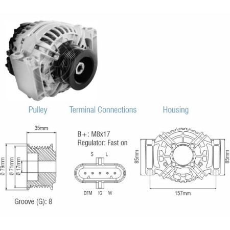 ALTERNADOR COMPATÍVEL BOSCH ELETR 24V 80A S-5 (POLIA 8PK) ZM9010608