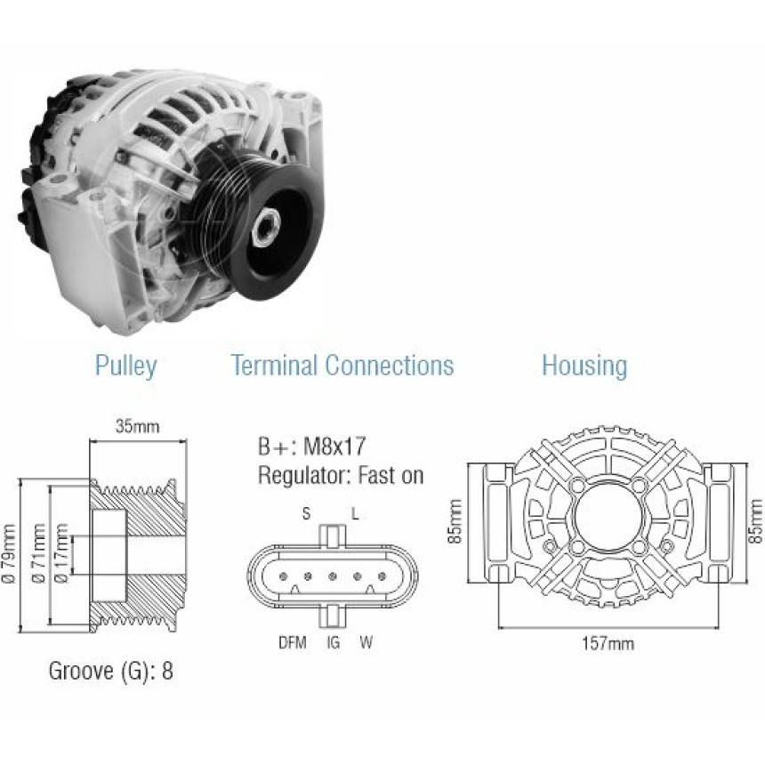 ALTERNADOR COMPATÍVEL BOSCH ELETR 24V 80A S-5 (POLIA 8PK) ZM9010608