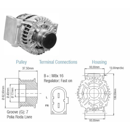 ALTERNADOR COMPATÍVEL BOSCH MOD 12V 150A TRANSIT/RANGER/LAND ROVER (REG5026) ZM9010701