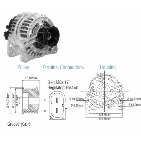 ALTERNADOR COMPATÍVEL BOSCH ELETR 12V 90A AUDI/GOLF/POLO/BORA/FOX 99> (POLIA 6PK) ZM9010810
