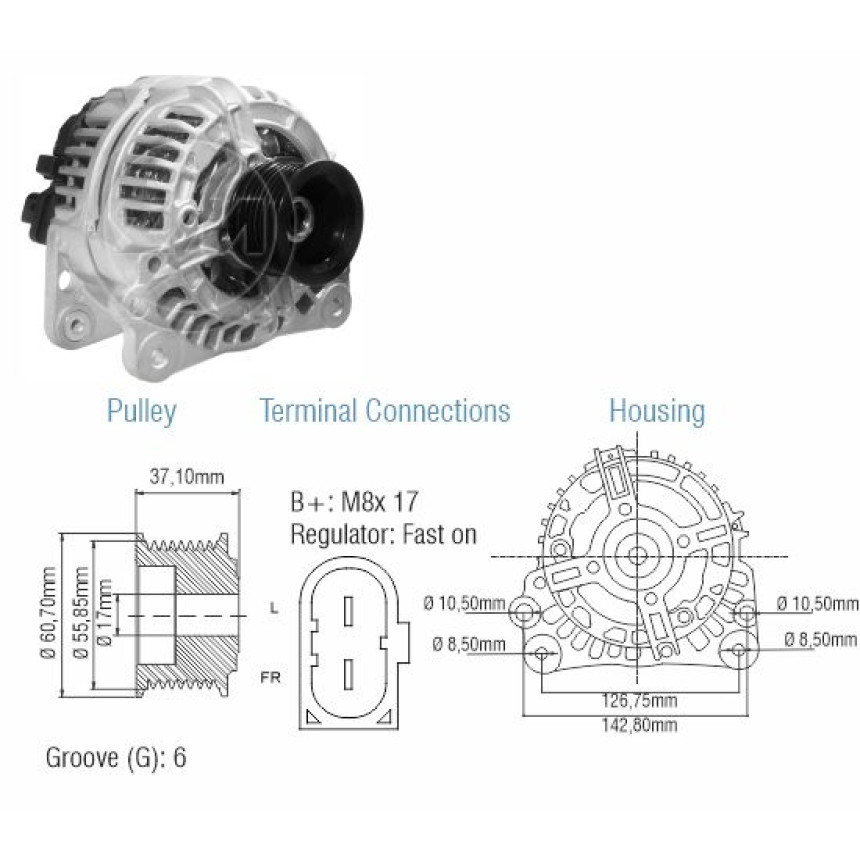 ALTERNADOR COMPATÍVEL BOSCH ELETR 12V 90A AUDI/GOLF/POLO/BORA/FOX 99> (POLIA 6PK) ZM9010810