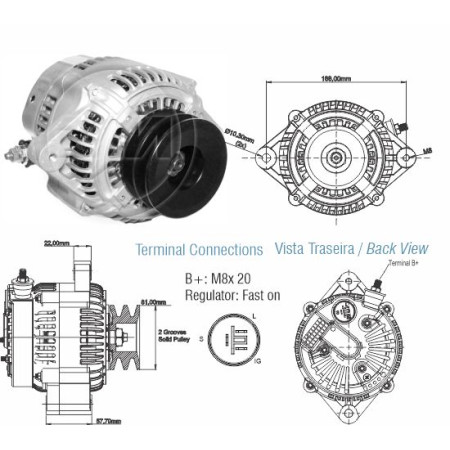 ALTERNADOR COMPATÍVEL DENSO 12V 120A JOHN DEERE/CATERPILLAR (REG.3T - POLIA 2PK) ZM9020405