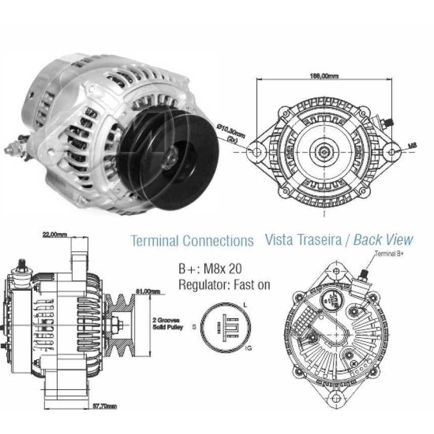 ALTERNADOR COMPATÍVEL DENSO 12V 120A JOHN DEERE/CATERPILLAR (REG.3T - POLIA 2PK) ZM9020405