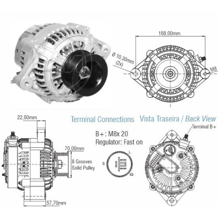 ALTERNADOR COMPATÍVEL DENSO 12V 140A JOHN DEERE/CATERPILLAR (REG.3T - POLIA 8PK) ZM9020404