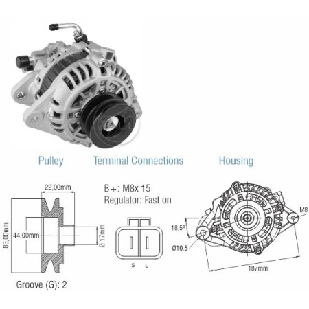 ALTERNADOR COMPATÍVEL MITSUBISHI 12V 110A C/BOMBA - HYUNDAI HR/KIA BONGO K2500/L200/L300/PAJERO (POLIA DUPLA) *FURO L.E GR ZM9020102