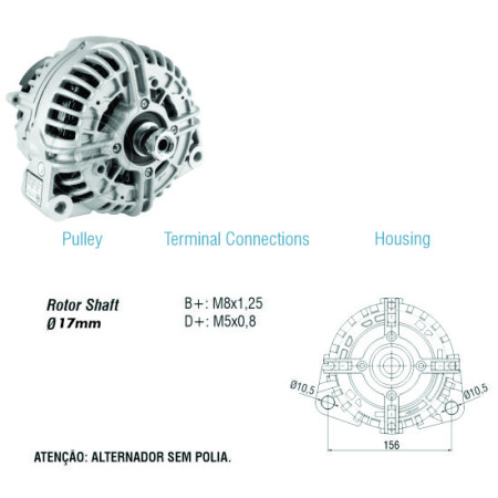 ALTERNADOR COMPATÍVEL BOSCH ELETR 12V 200A JOHN DEERE (SEM POLIA) ZM9020002