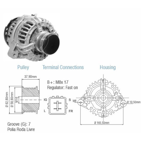ALTERNADOR COMPATÍVEL BOSCH ELETR 12V 80A HILUX PITBULL 98> (REG.4T-POLIA 7PK RODA LIVRE) ZM9010811